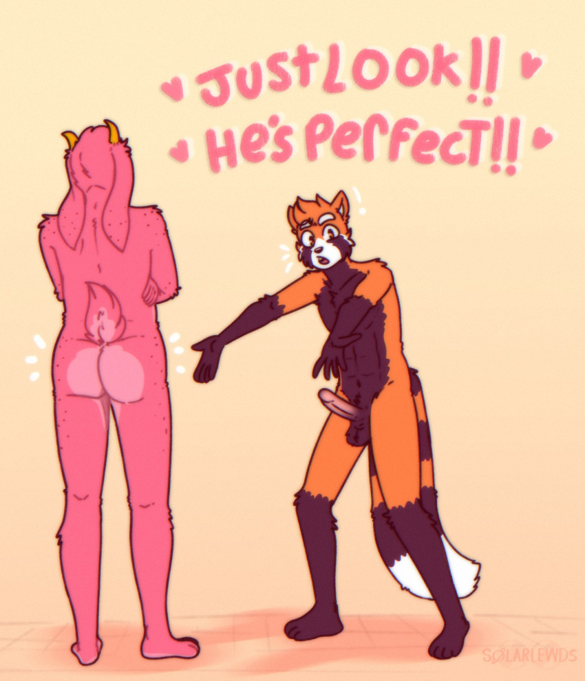 ailurid anthro blush bovid butt caprine dialogue digital_media_(artwork) duo english_text erection fur genitals goat hair heart_symbol hi_res humor lilian_(solarlewds) male male/male mammal mars_(solarlewds) meme multicolored_body multicolored_fur nude penis red_panda romantic romantic_couple simple_background solarlewds text