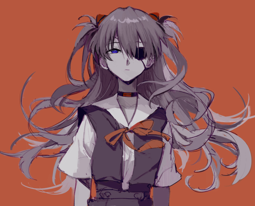 1girl bangs black_choker blue_eyes choker closed_mouth dango_(uni_520) empty_eyes expressionless eyepatch grey_skirt grey_vest highres limited_palette long_hair looking_up neck_ribbon neon_genesis_evangelion orange_background orange_ribbon rebuild_of_evangelion ribbon school_uniform shirt short_sleeves simple_background skirt solo souryuu_asuka_langley tokyo-3_middle_school_uniform two_side_up vest white_shirt