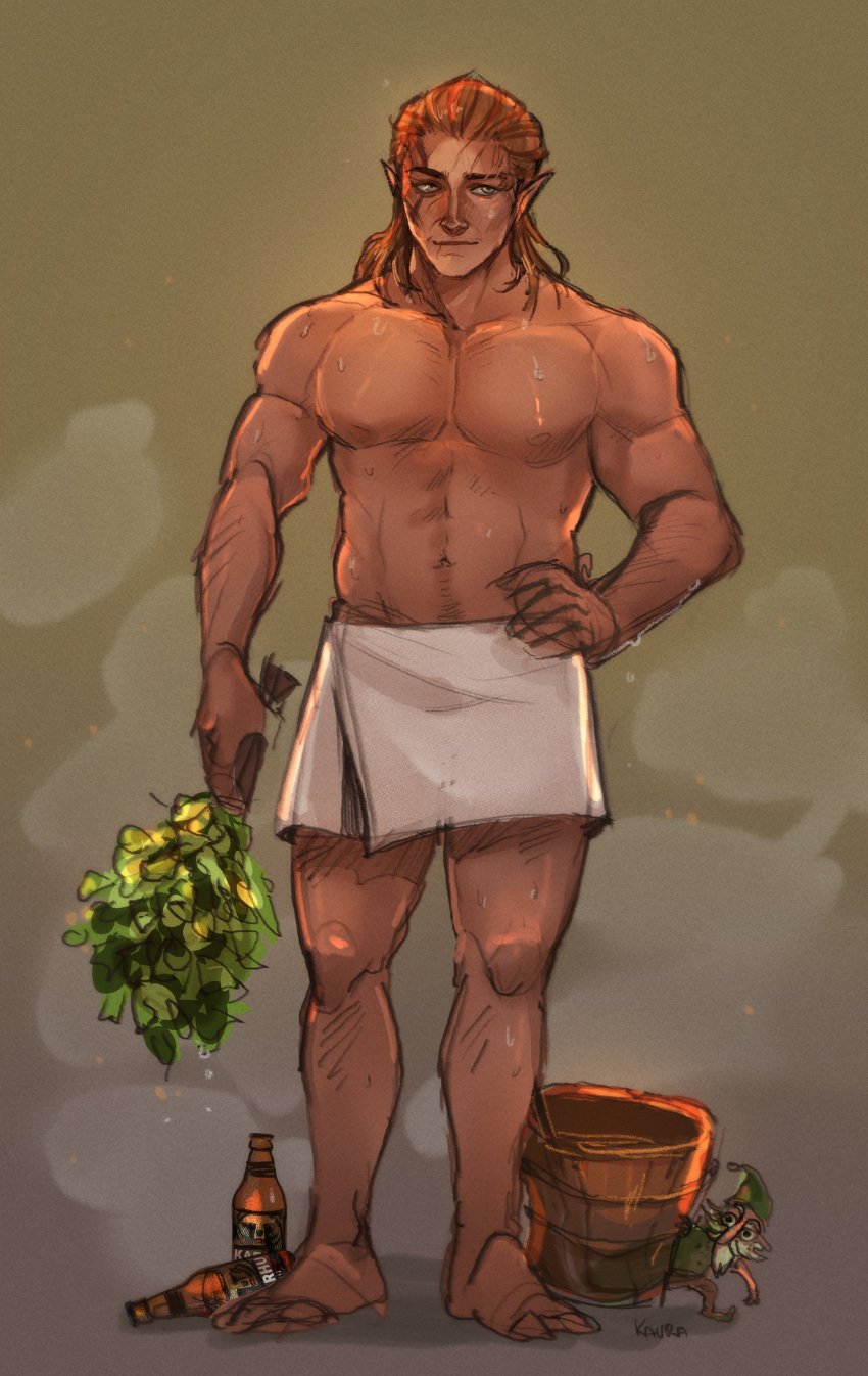 1boy abs absurdres baldur's_gate baldur's_gate_3 banya_(sauna) bara bottle brown_hair dark-skinned_male dark_skin dungeons_and_dragons elf halsin highres holding loharisart looking_at_viewer male_focus mature_male medium_hair muscular muscular_male navel pectorals pointy_ears solo sparse_chest_hair sparse_navel_hair standing steam thick_eyebrows topless unfinished wet