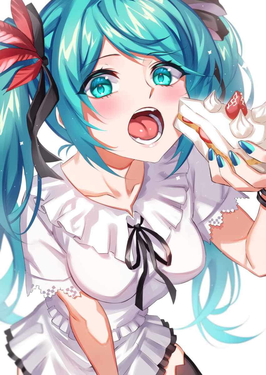 1girl aqua_eyes aqua_hair black_ribbon black_thighhighs blush breasts cake cake_slice collarbone dress dutch_angle eating feathers food frilled_dress frills from_above hatsune_miku highres holding holding_food inue_ao long_hair looking_at_viewer medium_breasts nail_polish open_mouth red_feathers ribbon short_sleeves simple_background solo supreme_(module) thighhighs twintails vocaloid wavy_hair white_background white_dress world_is_mine_(vocaloid)