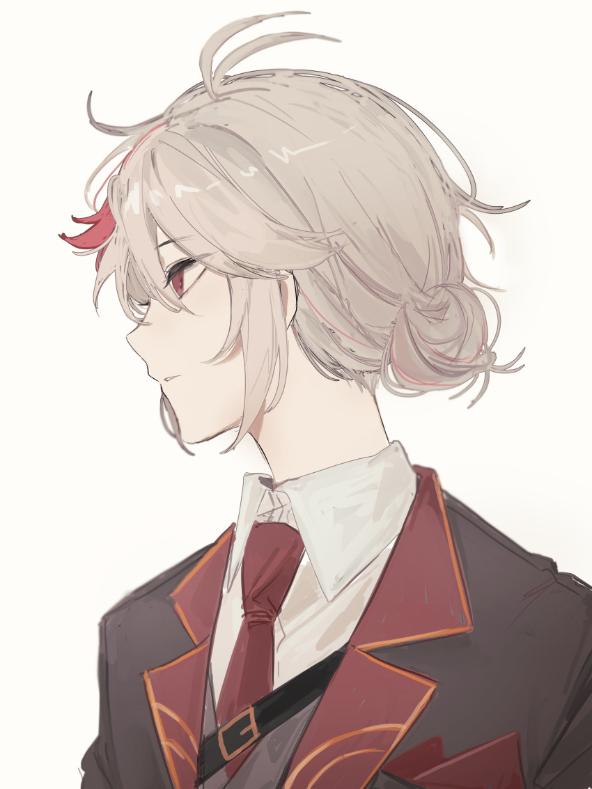 1boy absurdres collared_shirt from_side genshin_impact grey_hair hair_between_eyes hair_bun highres jacket kaedehara_kazuha male_focus mnce_o multicolored_hair necktie parted_lips profile red_eyes red_hair red_necktie shirt simple_background solo streaked_hair upper_body white_background white_shirt