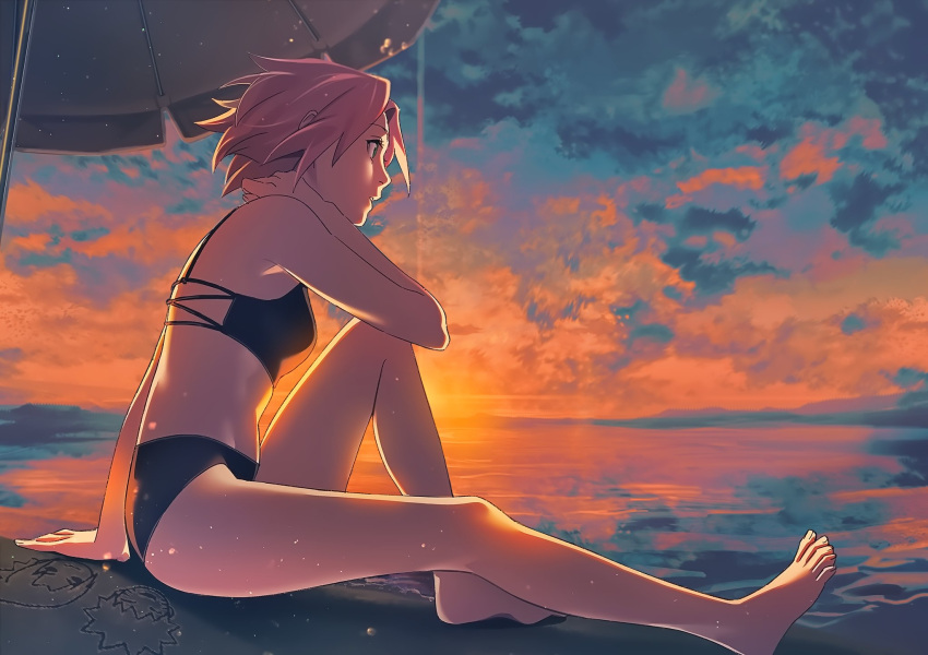 1girl beach beach_umbrella bikini black_bikini breasts cleaned cloud cloudy_sky gradient_sky haruno_sakura highres horizon medium_breasts naruto_(series) naruto_shippuuden ninja ocean official_art orange_sky outdoors pink_hair sand sky solo sumirecchi swimsuit third-party_edit umbra_(edits_umbra) umbrella water