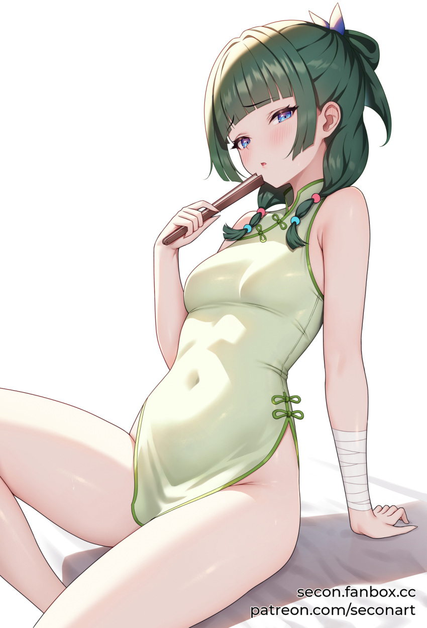 1girl bandages bare_shoulders blue_eyes blunt_bangs breasts china_dress chinese_clothes commentary commission dress english_commentary folding_fan green_dress green_hair hand_fan highres holding holding_fan kusuriya_no_hitorigoto long_hair looking_at_viewer maomao_(kusuriya_no_hitorigoto) parted_lips secon simple_background sitting sleeveless sleeveless_dress small_breasts solo thighs white_background wrist_wrap