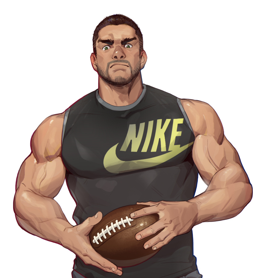 1boy american_football_(object) ball bara beard biceps brown_hair facial_hair feet_out_of_frame frown highres holding holding_ball logo looking_at_viewer male_focus manly mature_male muscular muscular_male original raised_eyebrow selkiro short_hair simple_background solo tank_top thick_arms thick_eyebrows tight_clothes upper_body veins white_background