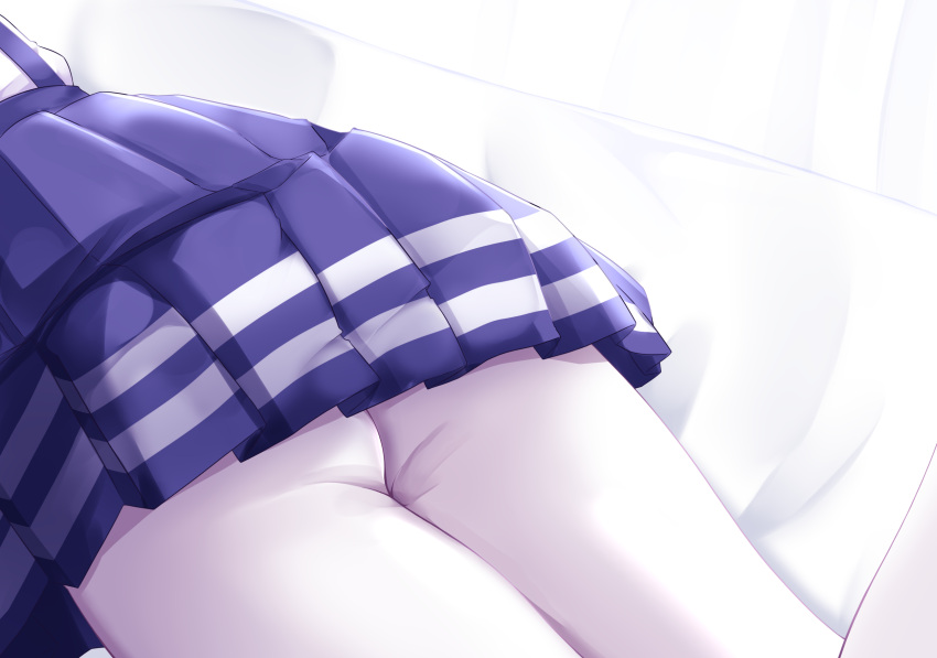 1girl ass ass_focus blue_skirt butt_crack casual cocozasa head_out_of_frame highres hololive lower_body lying minato_aqua on_stomach pantyhose skirt solo virtual_youtuber