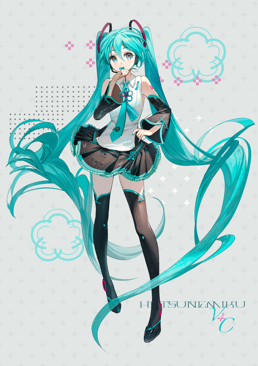 1girl absurdres blue_eyes blue_hair character_name commentary detached_sleeves hair_between_eyes hatsune_miku hatsune_miku_(vocaloid4)_(chinese) highres long_hair looking_at_viewer miniskirt necktie rumoon skirt solo thighhighs twintails very_long_hair vocaloid zettai_ryouiki