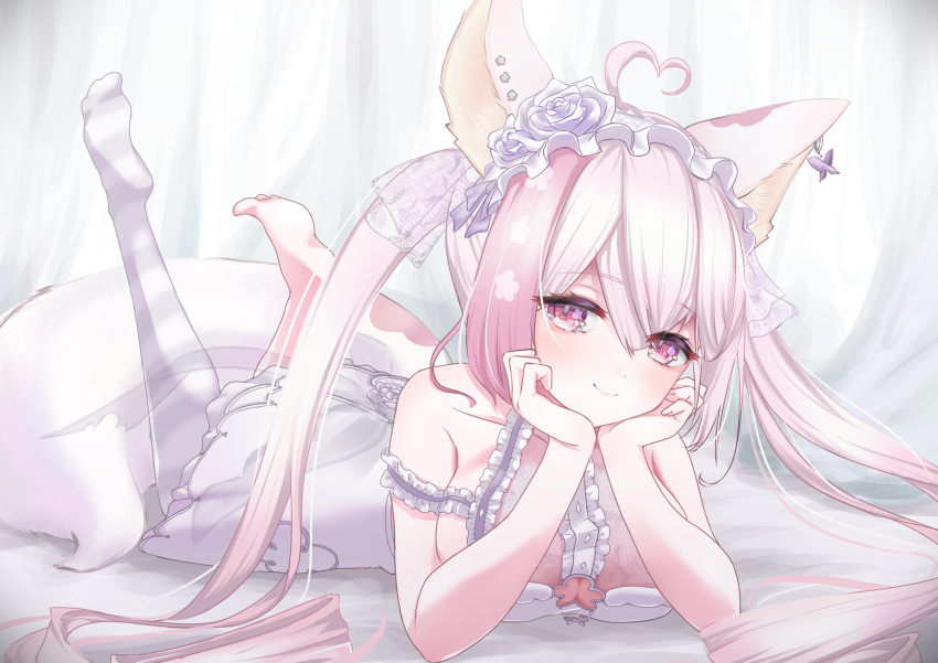 1girl absurdres ahoge animal_ears bare_shoulders center_frills collarbone crossed_bangs curtains dress ear_piercing feet_up felicia_lulufleur flower fox_ears frilled_dress frilled_hairband frills hair_flower hair_ornament hair_ribbon hairband hands_on_own_chin head_rest highres indie_virtual_youtuber long_hair looking_at_viewer lying on_bed on_stomach piercing pillow pink_eyes pink_hair purple_flower purple_rose ribbon rose sidelocks single_thighhigh sleeveless sleeveless_dress smile striped_clothes striped_thighhighs tatataecho thighhighs twintails virtual_youtuber white_dress