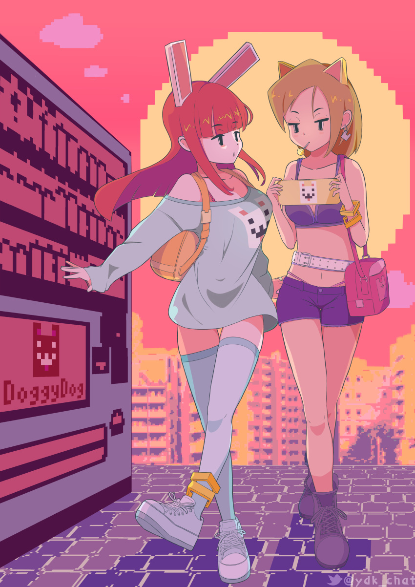 2girls absurdres animal_ears anklet backpack bag bare_arms bare_shoulders belt black_eyes bra bra_strap bracelet breasts candy cat_ears cleavage dog earrings extra_ears food full_body grey_shirt groin handbag handheld_game_console highres jewelry large_breasts light_brown_hair lollipop long_hair long_sleeves medium_breasts multiple_girls navel off-shoulder_shirt off_shoulder original panties panty_straps pink_panties playing_games purple_bra purple_footwear purple_shorts rabbit_ears red_hair ring shirt shoes short_shorts shorts sneakers stomach thigh_gap thighhighs thighs twitter_username underwear walking white_footwear white_thighhighs yodok