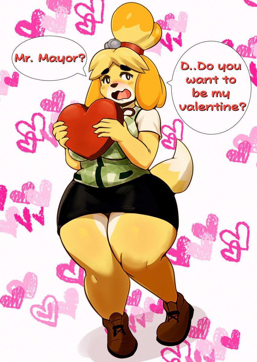 2024 accessory animal_crossing anthro asking bell big_breasts biped blonde_hair bluebambo blush bottomwear breasts canid canine canis cardigan clothed clothing dialogue dipstick_tail domestic_dog english_text female footwear full-length_portrait hair hair_accessory hair_bun hair_tie heart_background heart_box heart_symbol hi_res holding_heart holding_object holidays huge_hips huge_thighs isabelle_(animal_crossing) mammal markings nintendo open_mouth pencil_skirt portrait shih_tzu shoes shy simple_background skirt slightly_chubby slightly_chubby_anthro slightly_chubby_female solo speech_bubble standing tail tail_markings text thick_thighs tied_hair toy_dog valentine's_day white_background wide_hips yellow_body