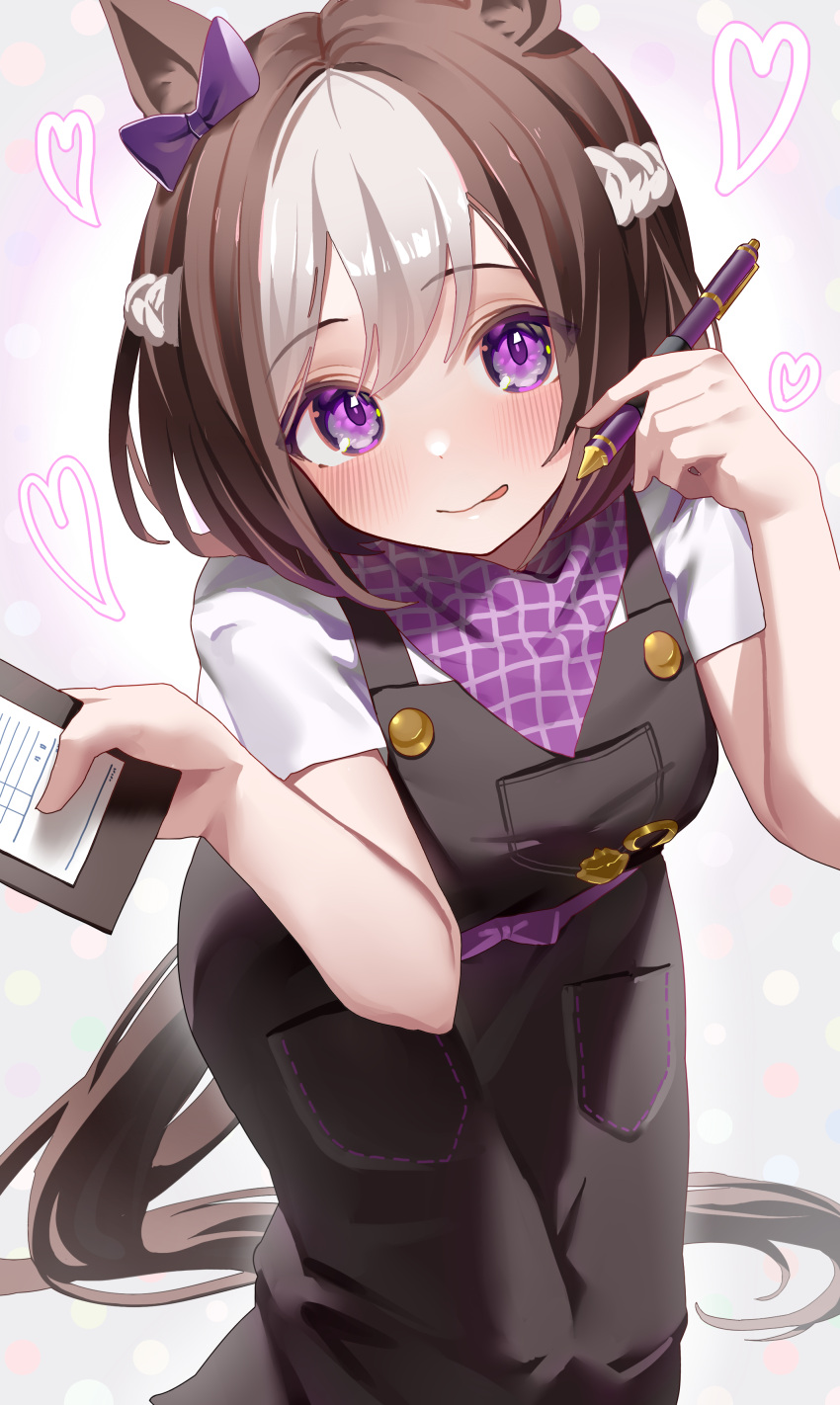 1girl :p absurdres animal_ears blush braid brown_hair commentary_request cygames ear_ribbon eyebrows_visible_through_hair grey_background heart highres holding holding_pen horse_ears horse_girl horse_tail looking_at_viewer multicolored_hair ningen_mame pen purple_ribbon ribbon short_hair short_sleeves solo special_week_(umamusume) streaked_hair tail tongue tongue_out umamusume white_hair