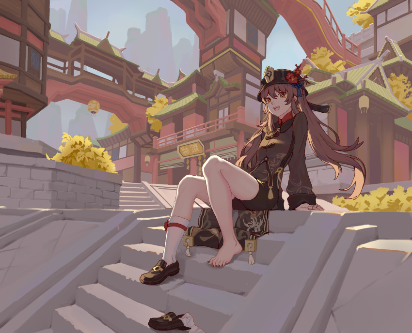 1girl :d absurdres architecture barefoot black_footwear black_headwear black_shorts brown_hair building chinese_clothes day east_asian_architecture feet flower flower-shaped_pupils full_body genshin_impact hat hat_flower highres hu_tao_(genshin_impact) legs long_hair long_sleeves looking_at_viewer nail_polish open_mouth outdoors porkpie_hat red_eyes shoes short_shorts shorts single_shoe sitting sitting_on_stairs smile socks solo stairs symbol-shaped_pupils toenails toes twintails unworn_shoes white_socks youpofen