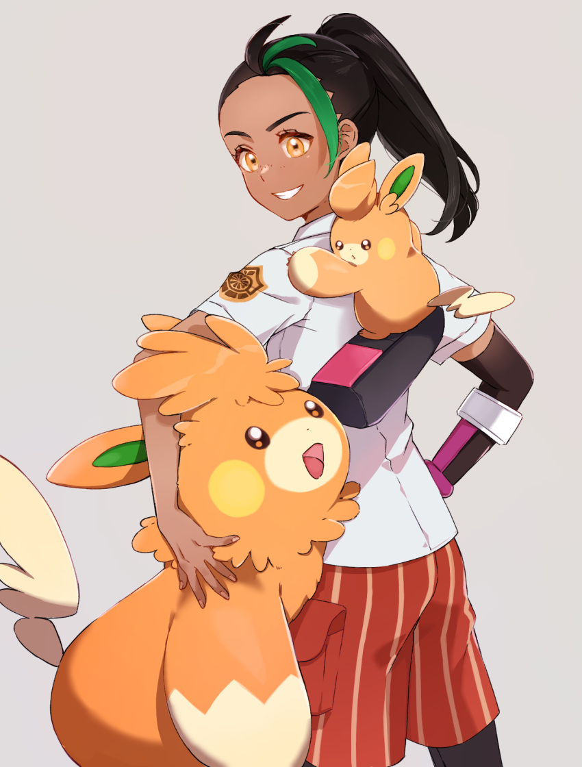 1girl black_hair black_pantyhose commentary_request dark-skinned_female dark_skin eyelashes freckles gloves green_hair grey_background grin hand_on_own_hip highres logo long_hair looking_to_the_side multicolored_hair nanaheibei_3 nemona_(pokemon) orange_eyes pantyhose pawmi pawmot pokemon pokemon_(creature) pokemon_sv ponytail school_uniform shirt short_sleeves shorts single_glove smile striped_clothes striped_shorts teeth two-tone_hair vertical-striped_clothes vertical-striped_shorts