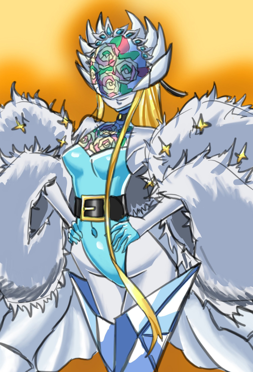 1girl aqua_leotard blonde_hair breasts cendrillmon coat colored_skin covered_eyes covered_navel cowboy_shot digimon digimon_(creature) floral_print fur_trim helmet highleg highleg_leotard highres laser_(akirawai) leotard long_hair print_helmet print_leotard rose_print small_breasts smile solo sparkle white_coat white_skin