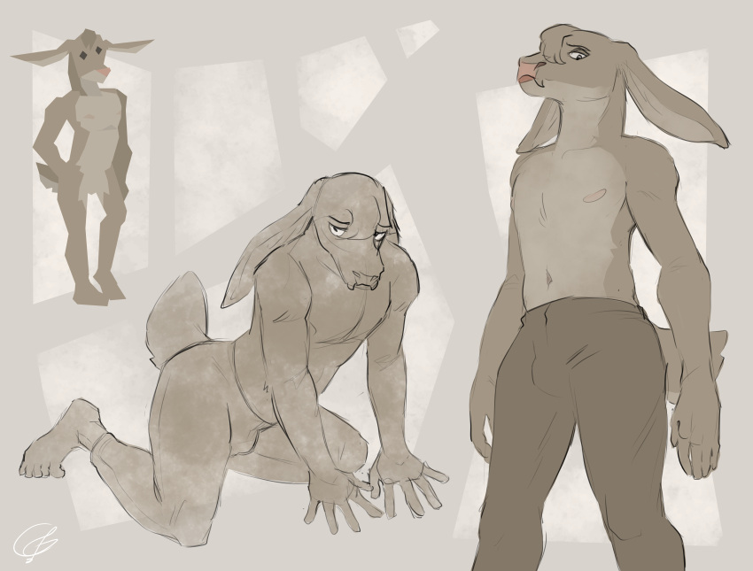 absurd_res anthro bottomwear bovid bovine bulge cattle clothed clothing fangs fluffy fluffy_tail hi_res hybrid lagomorph leporid long_ears lycaenops male mammal nipples pants partially_clothed rabbit shirtless_male solo suggestive_pose tail teeth