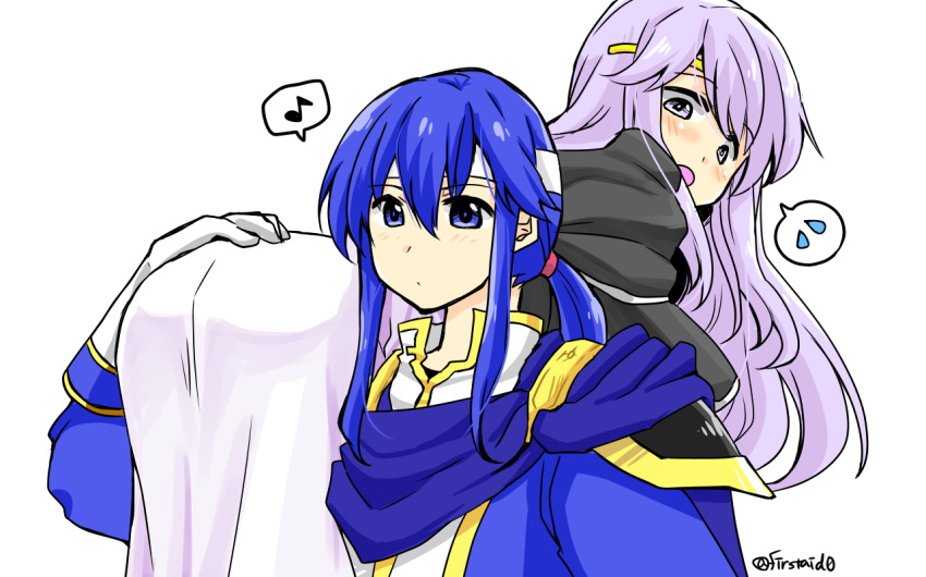 1boy 1girl ass blue_cape blue_eyes blue_hair brother_and_sister cape carrying carrying_over_shoulder circlet fire_emblem fire_emblem:_genealogy_of_the_holy_war headband julia_(fire_emblem) long_hair musical_note open_mouth ponytail purple_eyes purple_hair seliph_(fire_emblem) siblings simple_background spoken_musical_note white_headband yukia_(firstaid0)