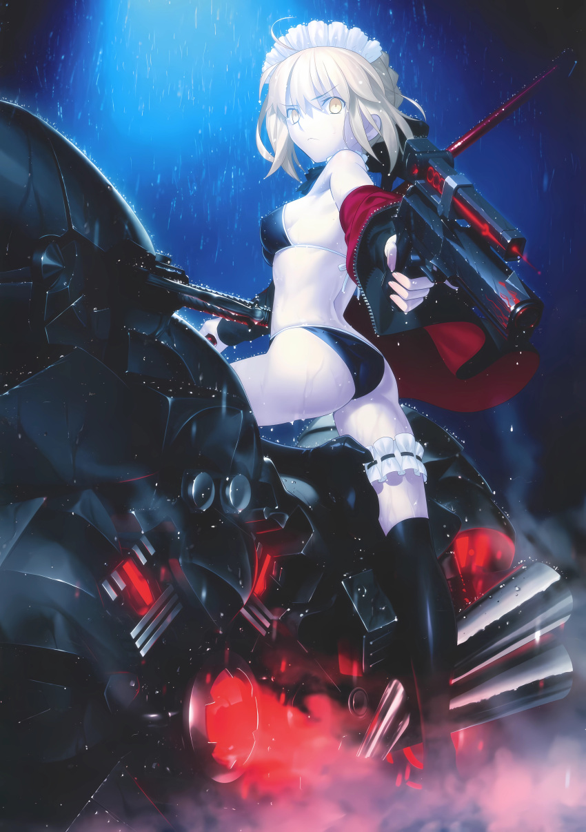 absurdres artoria_pendragon_(alter_swimsuit_rider)_(fate) artoria_pendragon_(alter_swimsuit_rider)_(second_ascension)_(fate) artoria_pendragon_(fate) ass back bare_hips breasts fate/grand_order fate_(series) gun handgun highres holding holding_gun holding_weapon motor_vehicle motorcycle non-web_source on_motorcycle weapon