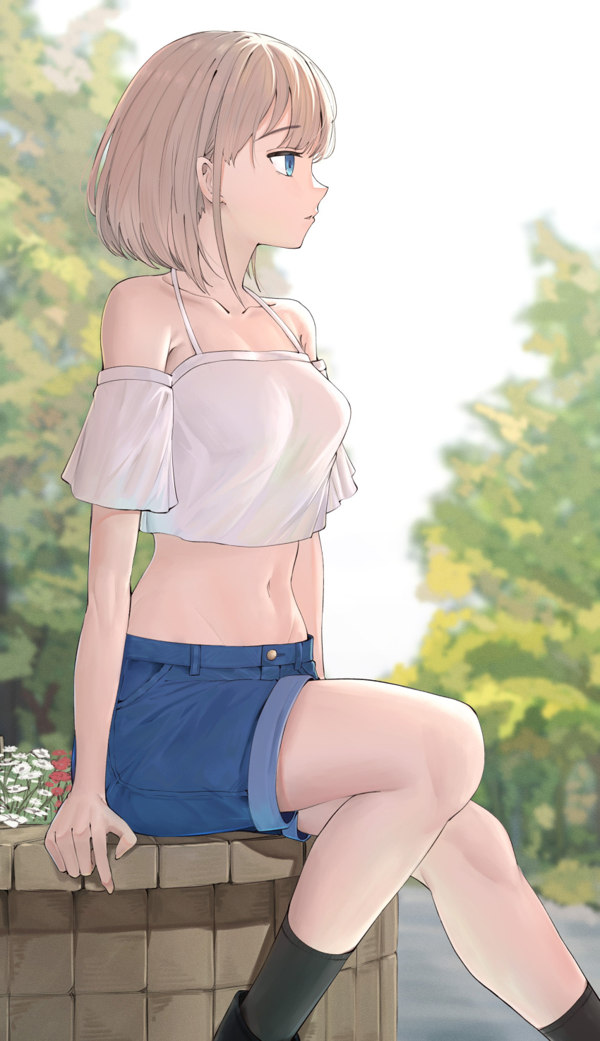 1girl absurdres bare_shoulders black_socks blue_eyes breasts camisole character_request collarbone commentary_request crop_top denim denim_shorts detached_sleeves feet_out_of_frame highres idolmaster idolmaster_shiny_colors light_brown_hair medium_breasts midriff navel short_hair short_sleeves shorts sitting socks solo spaghetti_strap stomach take978733141