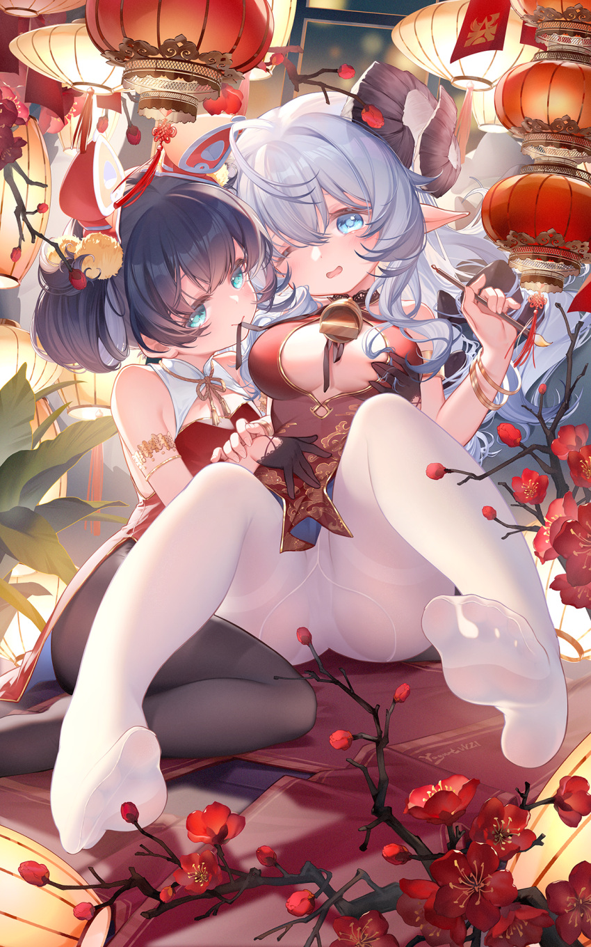2girls animal_ears armlet bare_shoulders black_gloves black_hair black_pantyhose blue_eyes blush bracelet breasts cameltoe china_dress chinese_clothes chinese_knot chinese_new_year chinese_zodiac curled_horns dress fake_animal_ears feet flower gloves grabbing grabbing_another's_breast hair_between_eyes hair_ornament half_gloves highres holding holding_brush horns jewelry lantern large_breasts long_hair looking_at_viewer mouth_hold multiple_girls no_shoes on_floor open_mouth original panties pantyhose pantyshot paper_lantern pointy_ears sitting soles suaynnai_wanzi tassel thighband_pantyhose underwear white_hair white_pantyhose year_of_the_dragon
