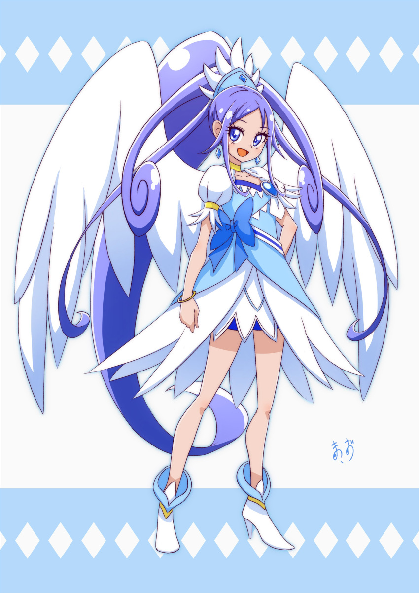 1girl absurdres angel_wings argyle argyle_background bike_shorts blue_background blue_bow blue_dress blue_eyes blue_hair blue_shorts boots bow bracelet brooch choker commission crystal_earrings cure_diamond dokidoki!_precure dress earrings forehead full_body hair_ornament heart_brooch high_heels highres hishikawa_rikka jewelry long_hair looking_at_viewer open_mouth ponytail precure puffy_short_sleeves puffy_sleeves sash short_sleeves shorts shorts_under_dress signature skeb_commission smile solo tiara very_long_hair white_background white_footwear wings yellow_choker zerolay