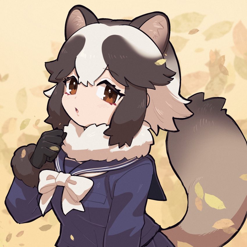 1girl :o an-chan_(ananna0315) animal_ears autumn_leaves black_gloves blue_skirt blue_sweater blush bow bowtie brown_eyes brown_fur brown_hair cowboy_shot extra_ears fur_collar fur_trim gloves hair_between_eyes highres kemono_friends long_sleeves looking_at_viewer multicolored_hair pleated_skirt raccoon_ears raccoon_girl raccoon_tail sailor_collar school_uniform serafuku short_hair sidelocks skirt solo sweater tail tanuki_(kemono_friends) two-tone_hair white_bow white_bowtie white_fur white_hair