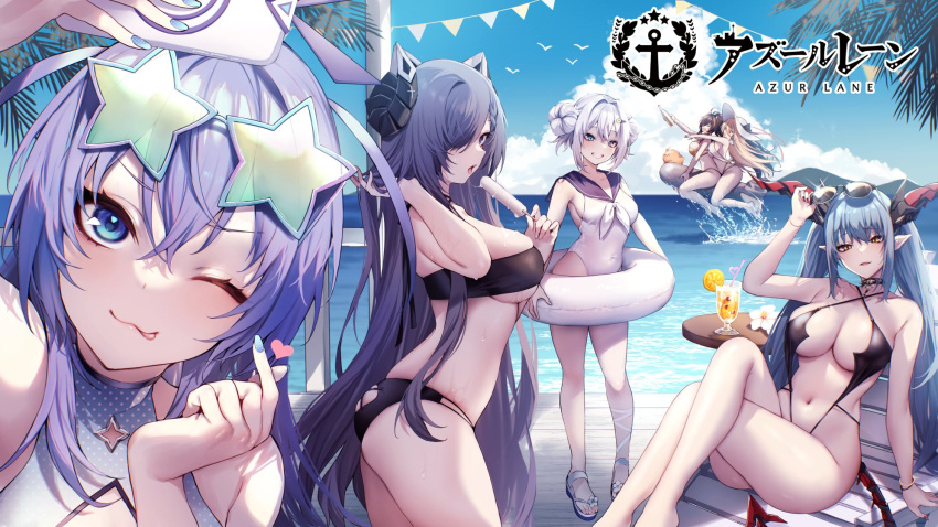 6+girls ;3 august_von_parseval_(azur_lane) azur_lane beach bikini black_bikini black_horns blonde_hair blue_eyes blue_hair blue_nails blue_sailor_collar breasts brown_hair cocktail cocktail_glass collar commentary_request crossed_bangs crossed_legs cup curled_horns danimaru double_bun dragon_girl dragon_horns drinking_glass eyewear_on_head food hair_bun hair_over_one_eye harbin_(azur_lane) harbin_(union_between_sea_and_sky)_(azur_lane) hat highres holding holding_food holding_phone holding_popsicle holding_swim_ring horns implacable_(azur_lane) innertube jade_(a_lick_of_summer)_(azur_lane) jade_(azur_lane) large_breasts logo long_hair looking_at_viewer manjuu_(azur_lane) mechanical_tail medium_breasts multiple_girls navel new_jersey_(azur_lane) new_jersey_(midsummer_leisure)_(azur_lane) official_alternate_costume official_art one-piece_swimsuit one_eye_closed outdoors phone pointy_ears popsicle red_nails regensburg_(azur_lane) regensburg_(dark_dragon_brilliant_beach)_(azur_lane) sailor_collar sand slingshot_swimsuit slit_pupils spiked_collar spikes standing star-shaped_eyewear star_(symbol) stomach sun_hat swim_ring swimsuit tail torpedo water white_hair white_headwear white_one-piece_swimsuit yellow_bikini yellow_eyes