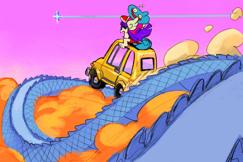 1girl alex_ahad blue_overalls car dr._slump dragon_ball dragon_ball_z dragon_quest dust glasses gradient_background head_wings highres motor_vehicle norimaki_arale overalls purple_background purple_hair sketch slime_(creature) slime_(dragon_quest) wings yellow_car