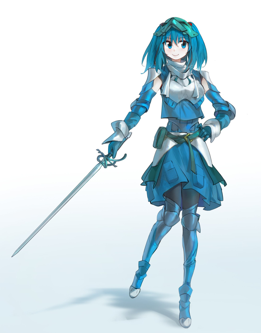 1girl absurdres adapted_costume aesur_a armor blue_eyes blue_hair breastplate commentary full_body gradient_background hair_bobbles hair_ornament hand_on_own_hip highres holding holding_sword holding_weapon kawashiro_nitori knight mask mask_on_head pocket short_hair shoulder_armor solo sword touhou two_side_up weapon white_background