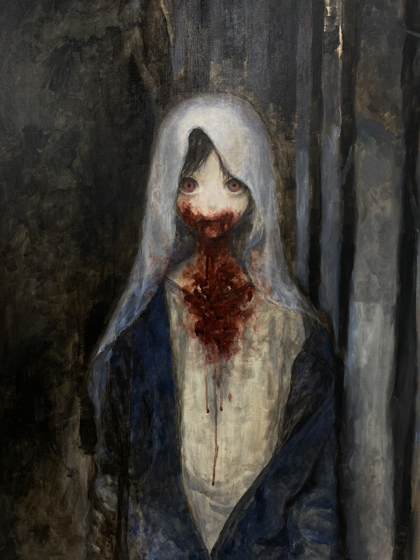 1girl arms_at_sides black_hair blood blood_on_clothes blood_on_face blue_robe closed_mouth dark dawn forest highres horror_(theme) jiz_(pffbq) looking_at_viewer nature original painting_(medium) robe short_hair solo traditional_media tree vampire veil