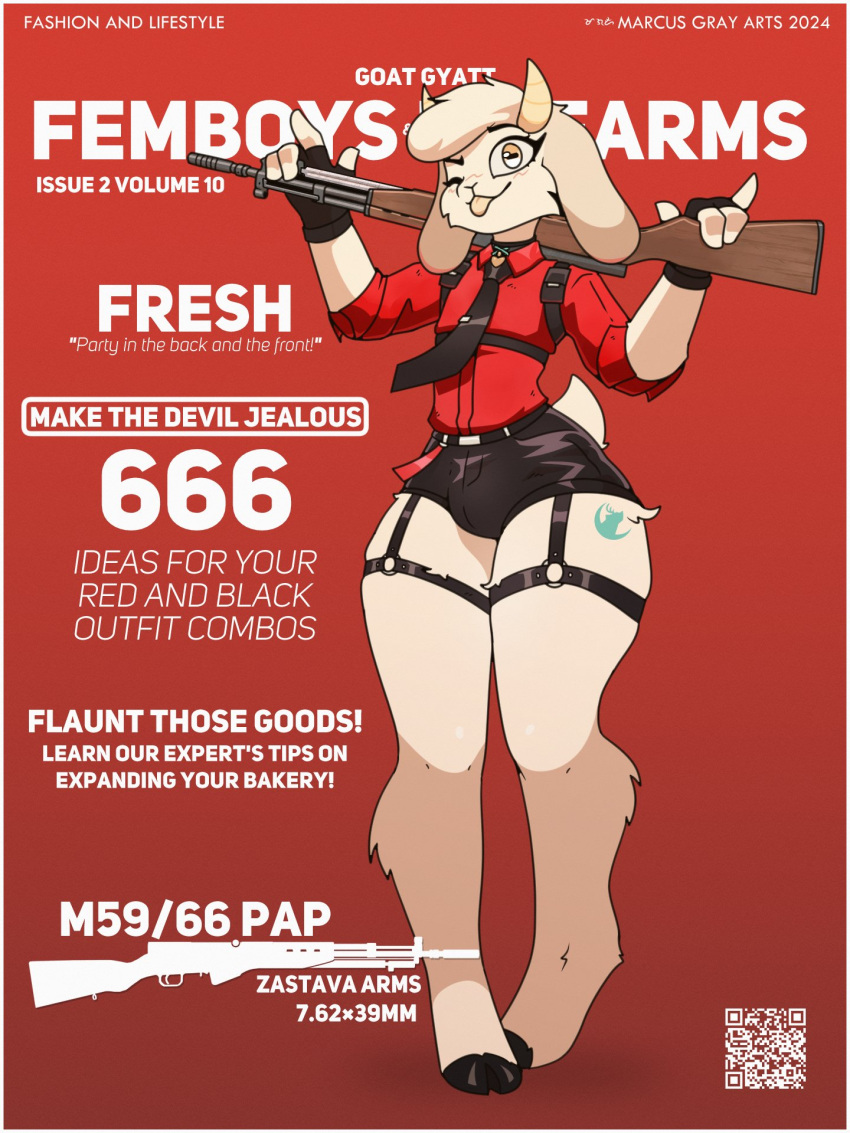 anthro blush blush_lines bovid bulge caprine clothed clothing collar english_text floppy_ears fur girly gloves goat gun handwear hi_res hooves horizontal_pupils horn lop_ears male mammal marcus_gray necktie pupils qr_code ranged_weapon simple_background solo tail text thick_thighs tongue tongue_out weapon white_body white_fur