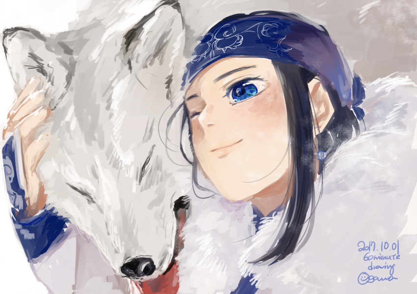 1girl 2017 3200mg affectionate ainu asirpa black_hair blue_eyes blue_headband cloak close-up closed_eyes commentary_request dated earrings fur_cloak golden_kamuy headband highres hoop_earrings hug jewelry long_hair nuzzle one_eye_closed sidelocks smile tongue tongue_out wolf