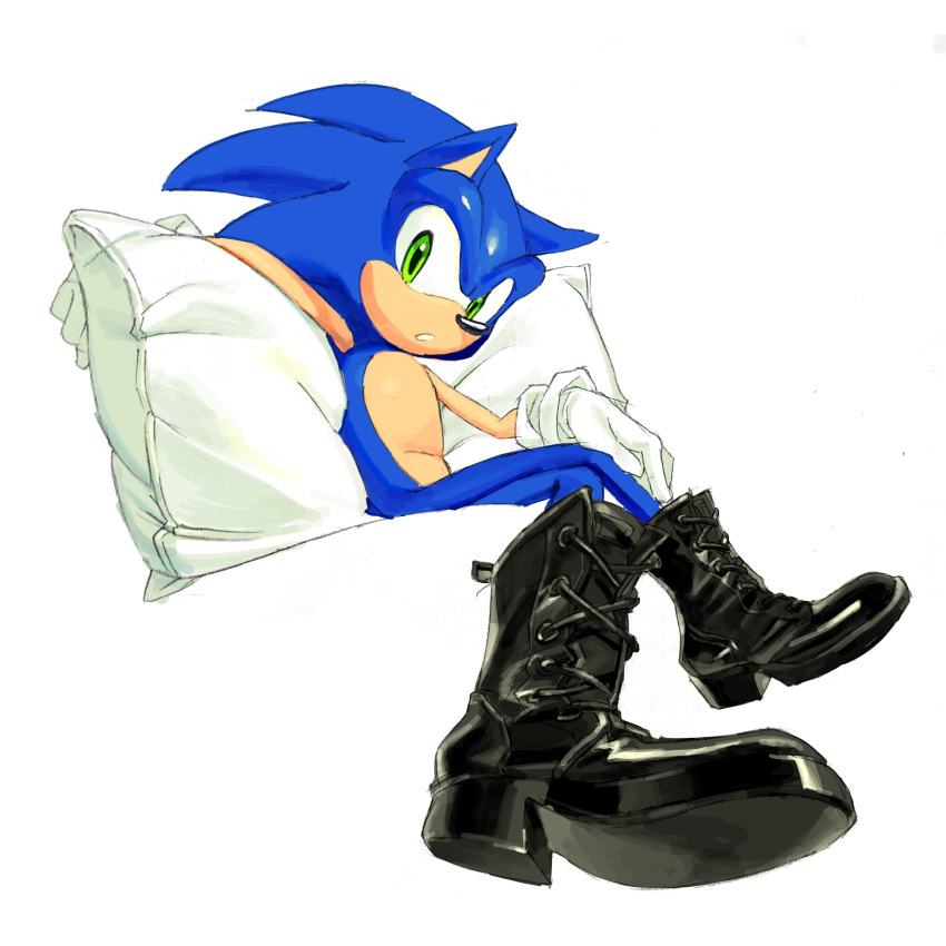 1boy absurdres black_footwear boots crossed_legs gloves green_eyes hedgehog highres looking_at_viewer male_focus parted_lips pillow quill sonic_(series) sonic_the_hedgehog tokiwa757 white_background white_gloves