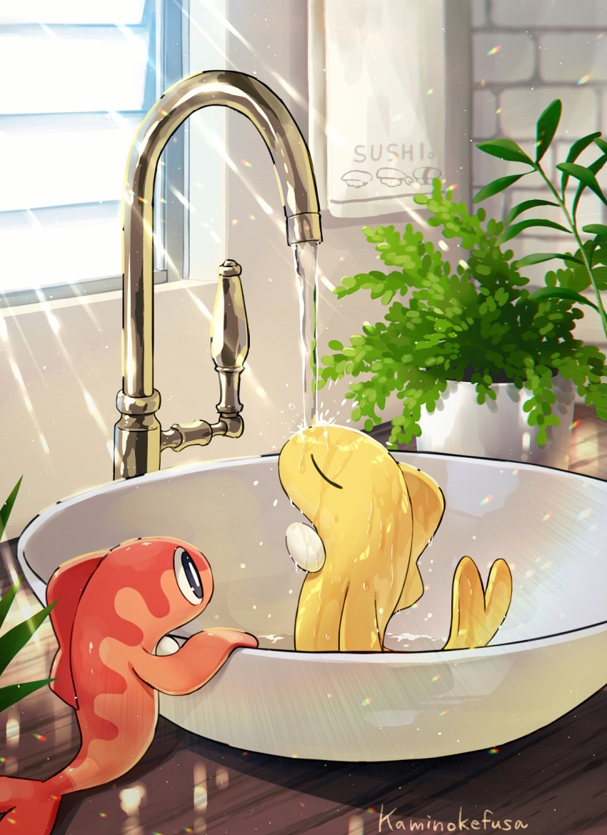 artist_name brick_wall bright_pupils closed_eyes counter diffraction_spikes faucet fish highres indoors kaminokefusa light_rays no_humans plant pokemon pokemon_(creature) potted_plant sink sunlight tatsugiri towel water wet white_pupils window