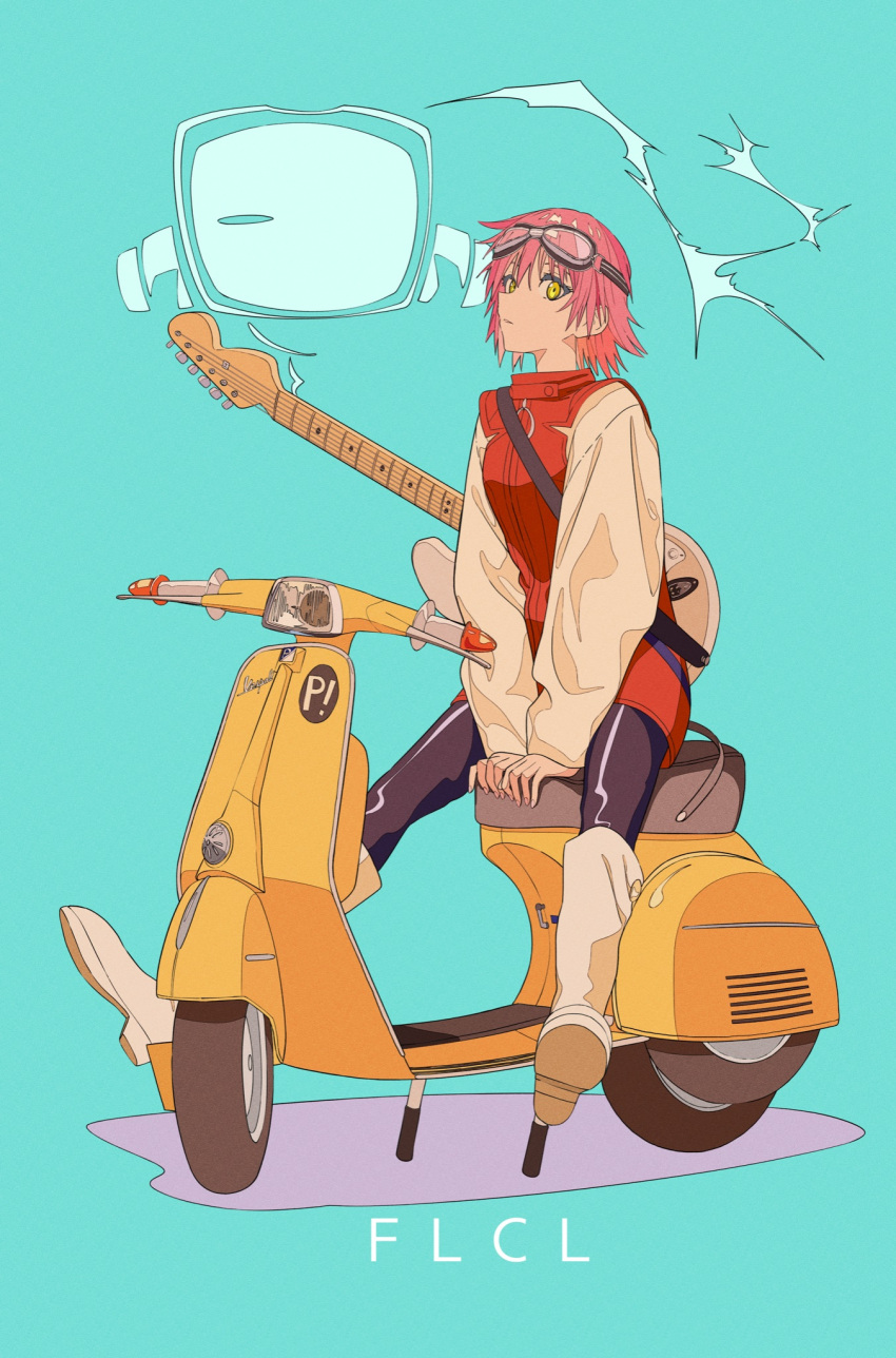 1girl aqua_background bass_guitar blonde_hair boots expressionless flcl full_body goggles goggles_on_head haruhara_haruko highres instrument jacket looking_at_viewer motor_vehicle on_scooter pink_hair rickenbacker_4001 scooter semham short_hair solo vespa