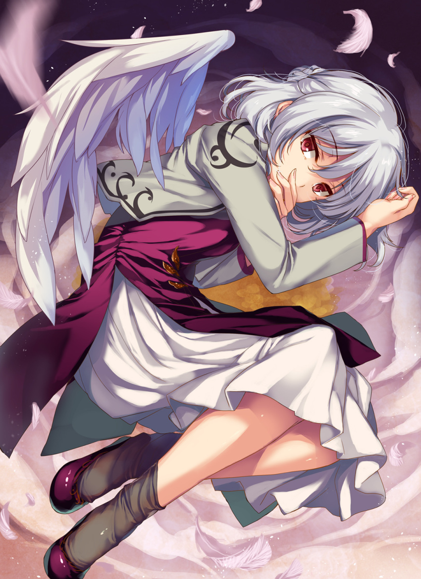 1girl arm_up bangs braid breasts brown_background brown_legwear buttons commentary_request covering_mouth dress eyebrows_visible_through_hair feathers fingernails grey_hair grey_jacket hair_between_eyes hand_on_own_face hands_up highres jacket kishin_sagume long_fingernails long_sleeves looking_to_the_side medium_breasts moneti_(daifuku) nail_polish open_clothes open_jacket pink_background pink_nails purple_background purple_dress purple_footwear red_eyes shoes short_hair single_wing socks solo touhou white_dress wings