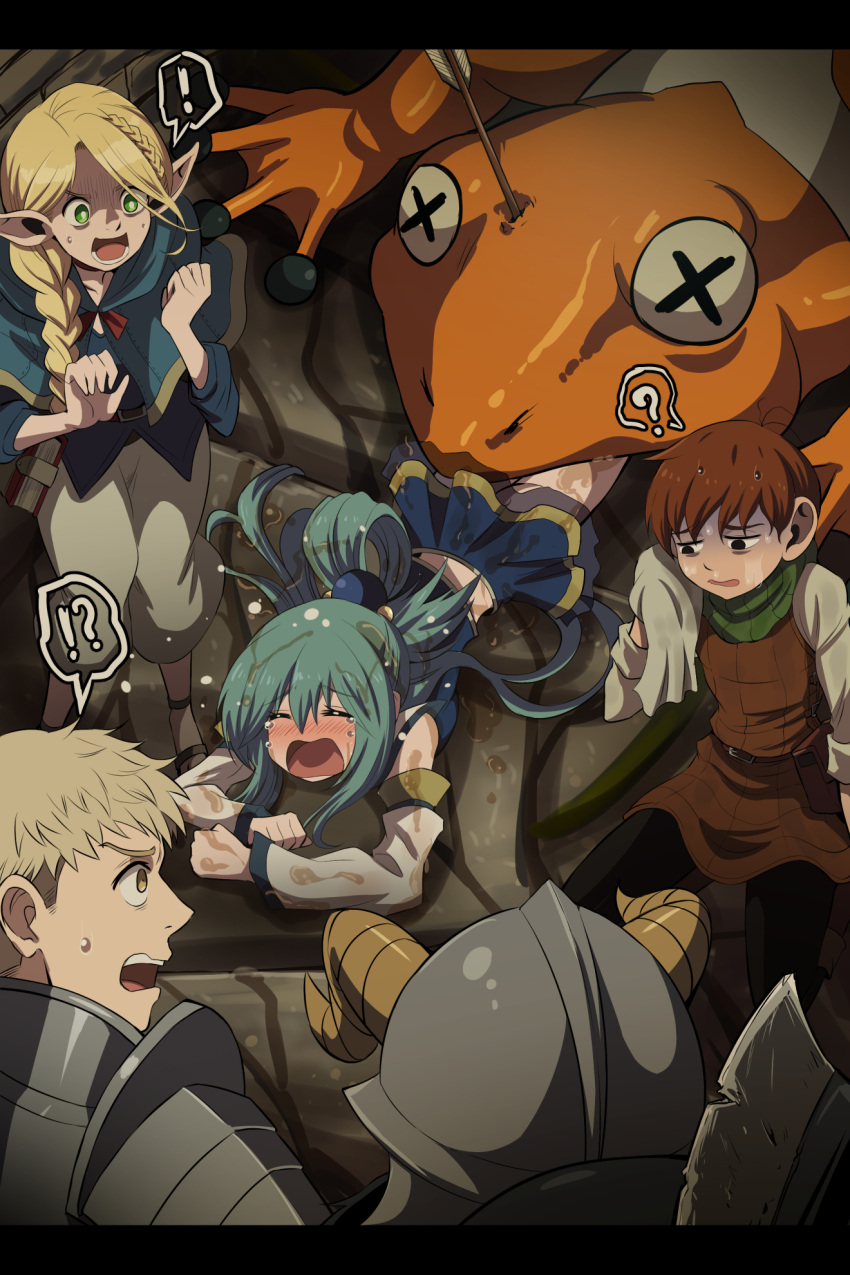 2girls 3boys aqua_(konosuba) armor ass bare_shoulders beard blonde_hair blue_capelet blue_hair blue_robe blush braid breasts brown_hair capelet chilchuck_tims crossover crying_aqua_(meme) detached_hood detached_sleeves dungeon_meshi dwarf elf facial_hair fake_horns frog fujitaka_nasu hair_around_ear hair_rings halfling helmet highres hood hooded_capelet horned_helmet horns kono_subarashii_sekai_ni_shukufuku_wo! laios_thorden large_breasts leather_armor long_beard long_hair long_sleeves marcille_donato meme multiple_boys multiple_braids multiple_girls no_panties open_mouth plate_armor pointy_ears robe senshi_(dungeon_meshi) short_hair single_hair_ring very_long_hair