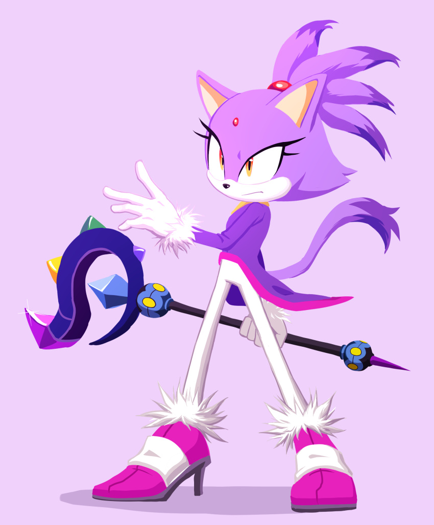 1girl animal_ears blaze_the_cat cat_ears cat_girl cat_tail forehead_jewel fur-trimmed_footwear fur-trimmed_gloves fur_trim furry furry_female gloves high_heels highres jacket jeweled_scepter pants pink_footwear purple_background purple_jacket siggiedraws simple_background sonic_(series) tail white_gloves white_pants yellow_eyes