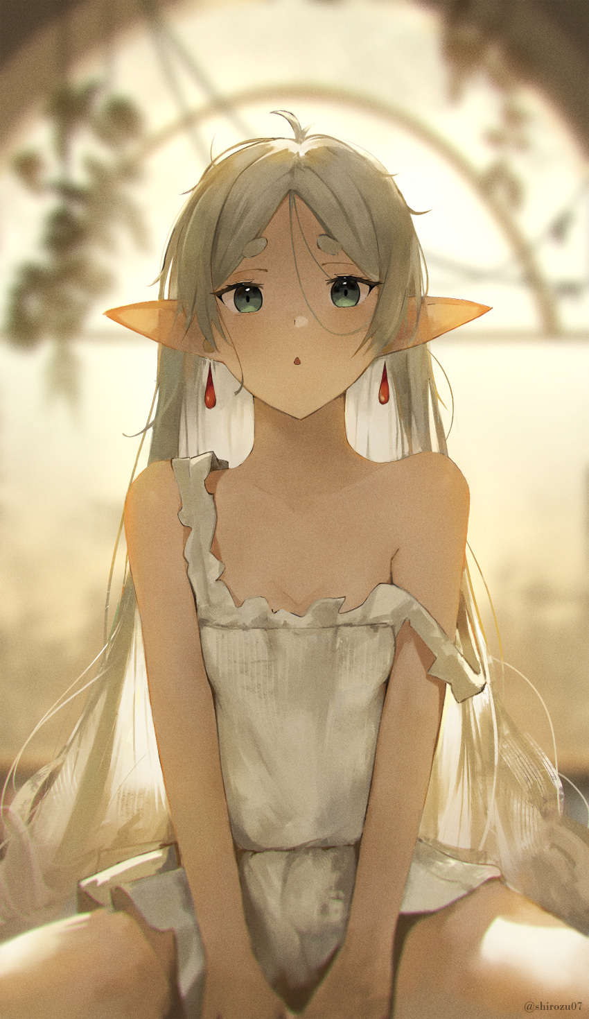 1girl absurdres ahoge bare_shoulders blurry blurry_background chestnut_mouth commentary earrings elf english_commentary film_grain flat_chest frieren green_eyes grey_hair highres indoors jewelry kikiis_art long_hair long_pointy_ears looking_at_viewer parted_bangs parted_lips pointy_ears shirt short_eyebrows short_shorts shorts sitting sleeveless sleeveless_shirt solo sousou_no_frieren strap_slip thick_eyebrows twitter_username unkempt v_arms very_long_hair white_shirt white_shorts