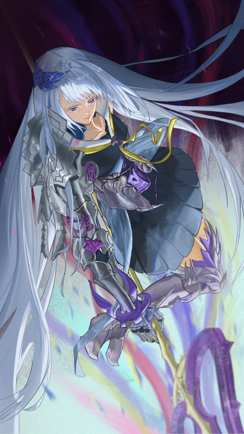 1girl arm_armor armored_boots asymmetrical_bangs black_dress boots brynhildr_(fate) brynhildr_romantia collarbone dress expressionless fate/grand_order fate_(series) fi_ao highres holding holding_polearm holding_weapon long_hair pleated_skirt polearm purple_eyes sailor_collar skirt solo very_long_hair weapon