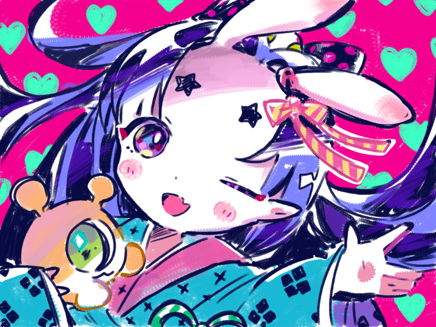 1girl ;d blue_hair blue_kimono blush creature fang forehead hair_ribbon hands_up heart heart_background horns japanese_clothes kiato kimono long_hair long_sleeves looking_at_viewer one_eye_closed open_mouth original parted_bangs pink_background pink_ribbon pointy_ears ribbon skin-covered_horns skin_fang smile solo upper_body