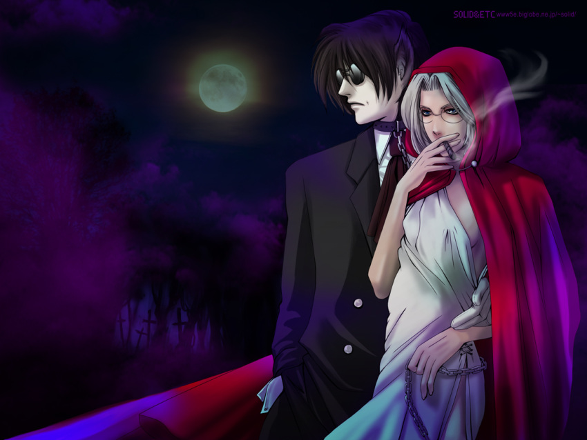 1boy 1girl alucard_(hellsing) artist_name black_collar black_hair blonde_hair blue_eyes breasts chain chain_leash cigar cloak collar cross dark-skinned_female dark_skin dress forest frown full_moon glasses gloves hellsing holding holding_leash hood hooded_cloak integra_hellsing leash moon nature pale_skin red_cloak red_hood sideboob small_breasts smoking sunglasses toshimichi_yukari web_address white_dress white_gloves