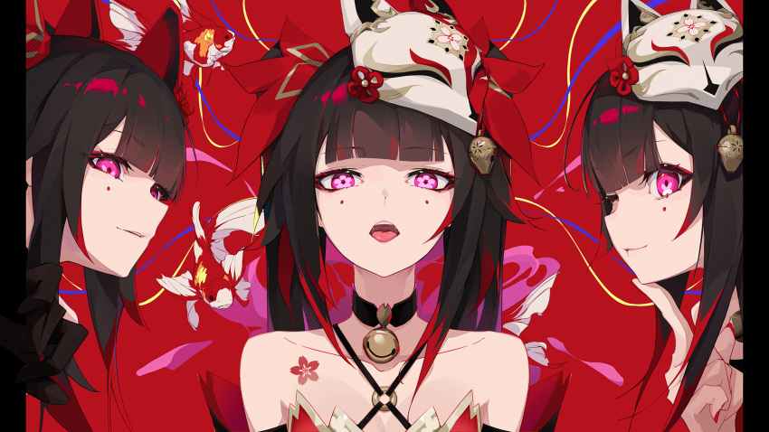 bare_shoulders bell black_choker black_hair blunt_bangs chinese_commentary choker clone collarbone commentary_request facial_mark finger_to_own_chin fish flower_tattoo fox_mask goldfish hair_ornament heitian_keji highres honkai:_star_rail honkai_(series) jingle_bell looking_at_viewer making-of_available mask mask_on_head multicolored_hair nail_polish neck_bell one_eye_closed open_mouth parted_lips pillarboxed pink_eyes red_eyes red_hair red_nails sidelocks sparkle_(honkai:_star_rail) streaked_hair symbol-shaped_pupils tattoo teeth tongue tongue_out two-tone_hair upper_body upper_teeth_only variant_set