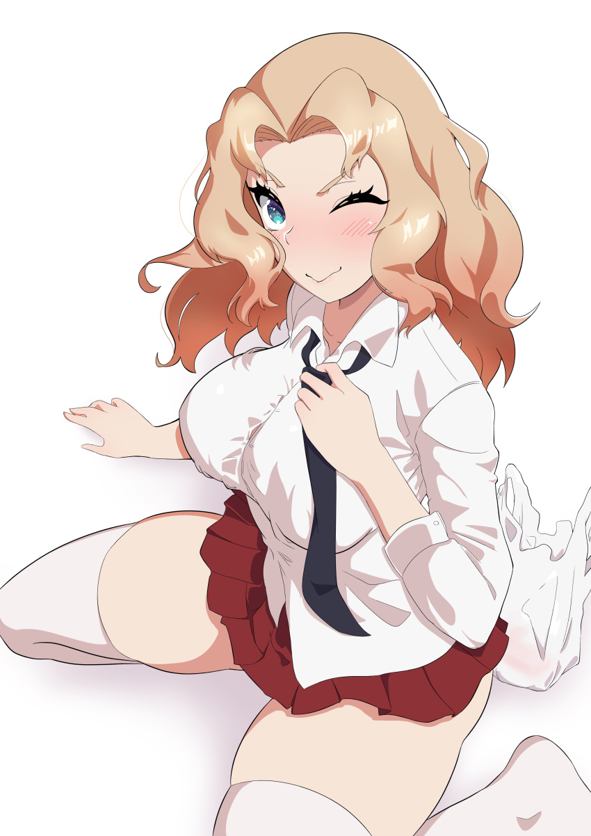 1girl absurdres black_necktie blonde_hair blue_eyes blush breasts closed_mouth collarbone girls_und_panzer highres kay_(girls_und_panzer) large_breasts long_hair looking_at_viewer looking_up miniskirt necktie one_eye_closed pleated_skirt red_skirt saunders_school_uniform school_uniform shiny shiny_hair simple_background skirt solo tenpura32200 thighhighs white_background white_legwear