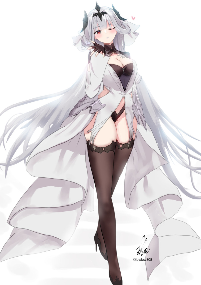 1girl azur_lane black_footwear black_gloves black_panties black_thighhighs black_tiara blush breasts cleavage dress fingerless_gloves full_body gloves high_heels highres large_breasts long_hair long_sleeves looking_at_viewer marseillaise_(azur_lane) minus-low navel panties red_eyes signature smile solo thighhighs tiara underwear very_long_hair white_dress white_hair