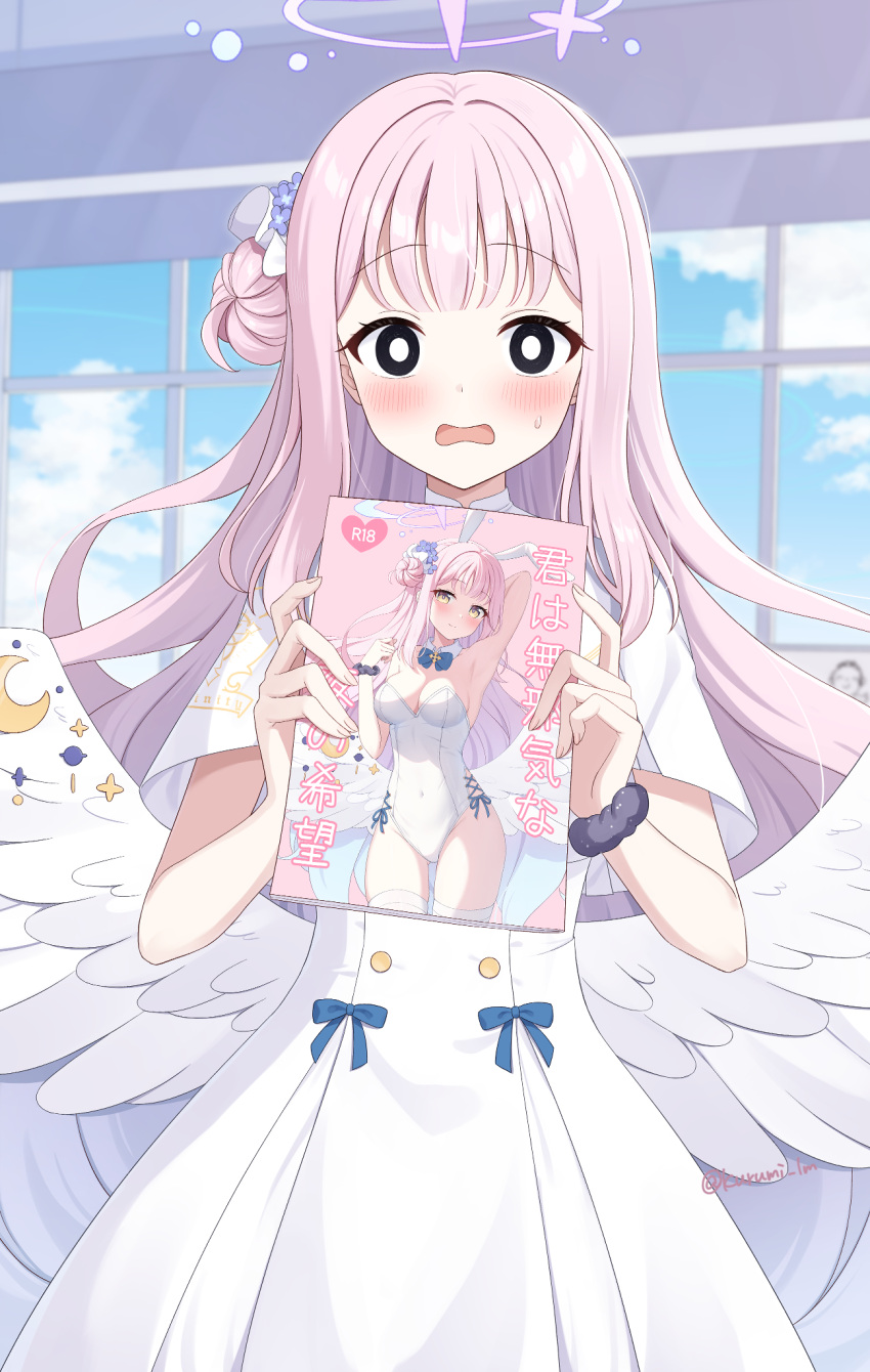 1girl angel_wings black_scrunchie blue_archive blush book capelet crescent crescent_pin dress feathered_wings hair_bun halo highres holding holding_book indoors kurumi_lm long_hair looking_at_viewer mika_(blue_archive) open_mouth pink_hair pink_halo scrunchie single_side_bun solo white_capelet white_dress white_wings wings wrist_scrunchie