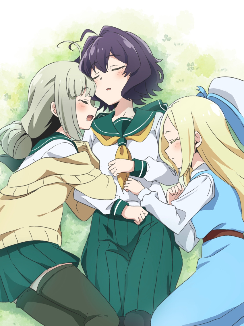 3girls araga_kiwi arm_hug belt black_hair blonde_hair blouse blue_dress cardigan closed_eyes double_bun dress drooling fang green_sailor_collar green_skirt hair_bun hat highres hiiragi_utena holding_another's_arm leather_belt long_hair lying mahou_shoujo_ni_akogarete morino_korisu multiple_girls on_grass open_mouth pleated_skirt sailor_collar saliva school_uniform serafuku shirt short_hair skirt sleeping thighhighs white_shirt white_sleeves x3_xy3_(jtsu4377) yellow_cardigan