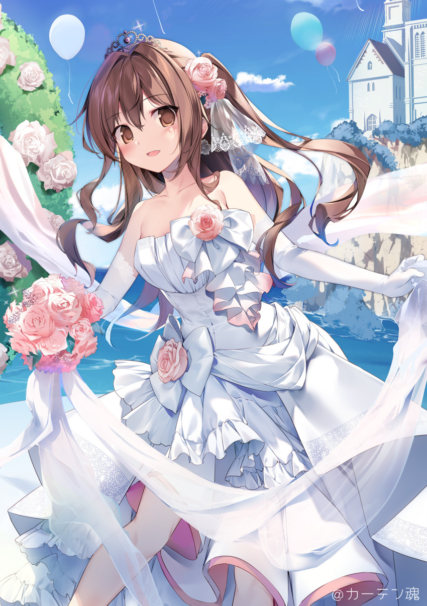 1girl aomi_maika bare_shoulders blue_sky blush bouquet breasts bride brown_eyes brown_hair cleavage cliff cloud collarbone day dress dress_flower elbow_gloves floating_hair flower gloves hair_between_eyes hair_flower hair_ornament highres holding holding_bouquet karory long_hair looking_at_viewer medium_breasts ocean open_mouth original outdoors pink_flower pink_rose rose sky smile solo strapless strapless_dress tiara very_long_hair wedding_dress white_dress wind