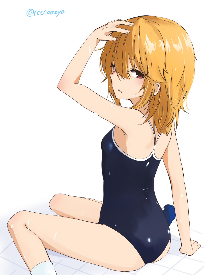 1girl absurdres armpits breasts hair_between_eyes highres idolmaster idolmaster_cinderella_girls looking_at_viewer looking_to_the_side orange_hair roccamoya school_swimsuit shoes sitting small_breasts socks solo swimsuit twitter_username uwabaki wariza wet wet_hair white_socks yuuki_haru