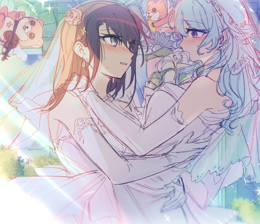 2girls bang_dream! black_hair blue_hair blush bouquet breasts bridal_veil cherub commentary_request covered_mouth dress elbow_gloves eye_contact flower gloves grey_eyes hair_flower hair_ornament hand_on_another's_shoulder hands_on_another's_back highres holding holding_bouquet hug korean_commentary lace-trimmed_dress lace-trimmed_gloves lace_trim light_particles light_rays long_hair looking_at_another matsubara_kanon medium_breasts medium_hair michelle_(bang_dream!) multiple_girls nose_blush okusawa_misaki opi parted_bangs parted_lips purple_eyes rose sidelocks sleeveless sleeveless_dress strapless strapless_dress veil wedding wedding_dress white_dress white_flower white_gloves white_rose yuri