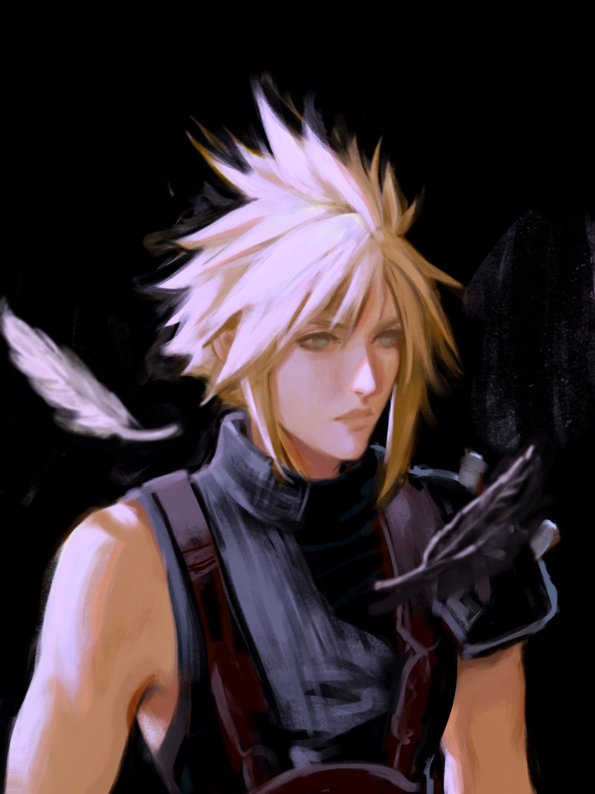 1boy armor black_background black_feathers blonde_hair blue_eyes chocobowings closed_mouth cloud_strife english_commentary feathers final_fantasy final_fantasy_vii final_fantasy_vii_rebirth final_fantasy_vii_remake highres male_focus portrait shirt short_hair shoulder_armor single_shoulder_pad sleeveless sleeveless_turtleneck spiked_hair suspenders turtleneck white_feathers