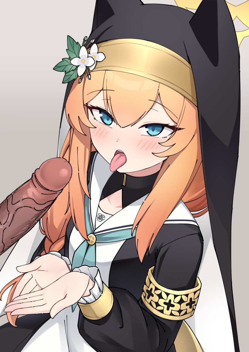 1girl absurdres animal_ear_fluff animal_ear_headwear animal_ears blue_archive blue_eyes blush coif cupping_hands flower habit hair_flower hair_ornament halo highres kenken_(keuken) long_hair mari_(blue_archive) nun open_mouth orange_hair own_hands_together penis tongue tongue_out uncensored white_flower yellow_halo